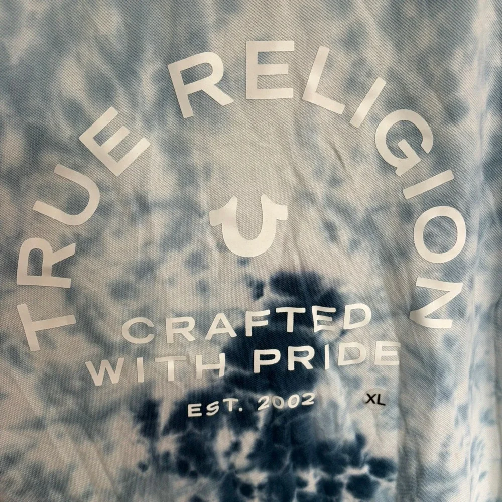 NWT True Religion Men's XL Blue Tie-Dye Polo Shirt Ocean Waves Horseshoe Logo